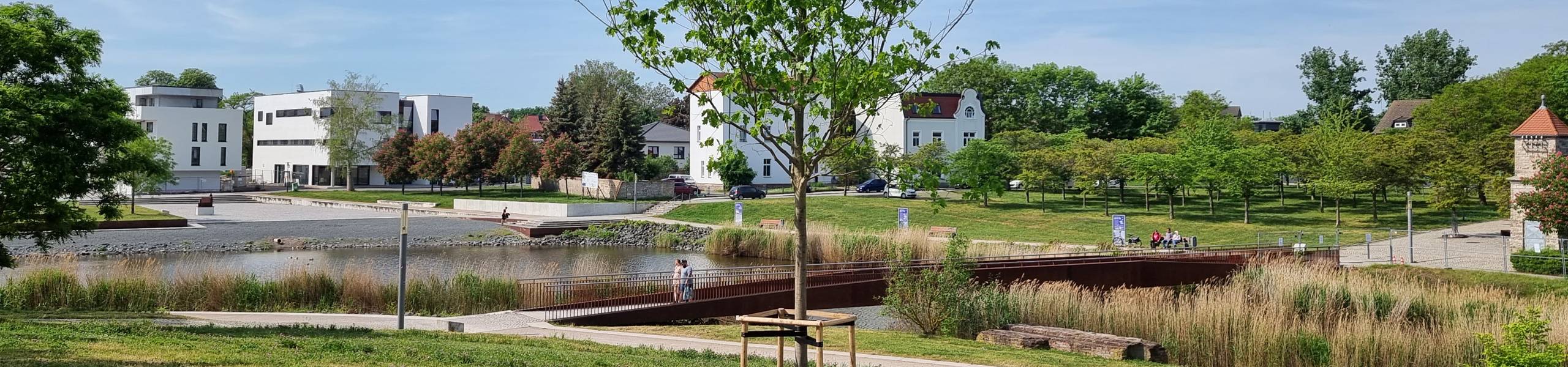 Blick über den Stadtsee zum Haus am See mit Bibliothek und Archiv